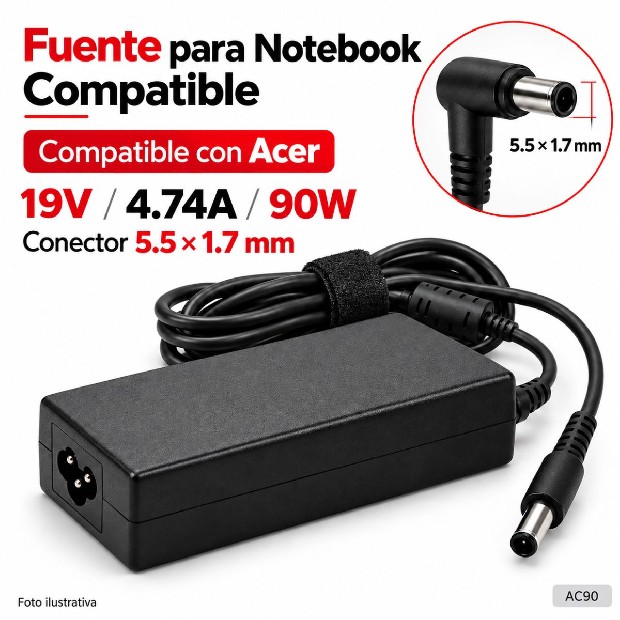 &ua FUENTE NOTEBOOK ACER 19V/4.74A/90W 5.5*1.7MM (AC90)