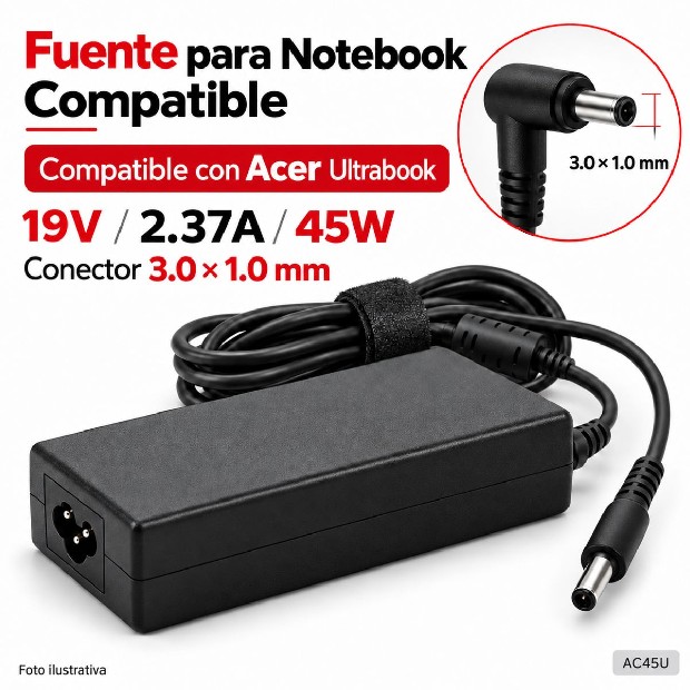 &ua FUENTE NOTEBOOK ACER ULTRABOOK 19V/2.37A/45W 3.0*1.0MM (AC45U)