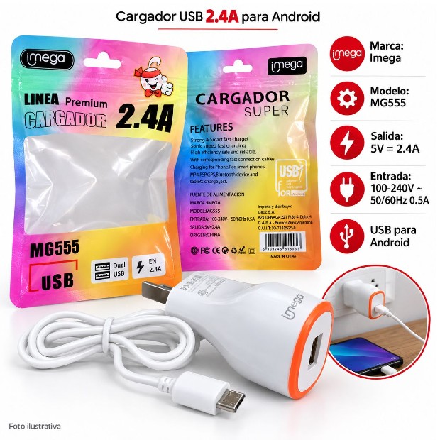 &ua CARGADOR CELULAR TIPO C 2.4 AMP + 2 USB IMEGA BOLSA