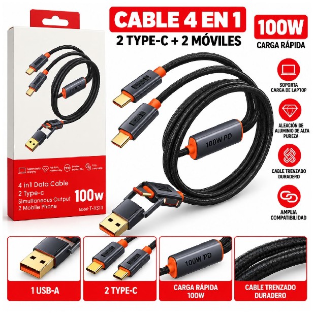 &ua CABLE CARGADOR 4 EN 1 TRANYCO 100W T-XS11
