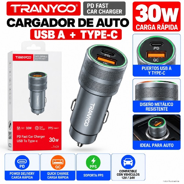 &ua CARGADOR AUTO PD + 1 USB TRANYCO 30W T-C9