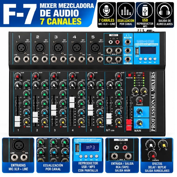 &ua MIXER MEZCLADORA DE AUDIO 7 CANALES F-7
