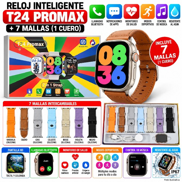 &ua RELOJ INTELIGENTE SMARTWATCH T24 + 7 MALLAS