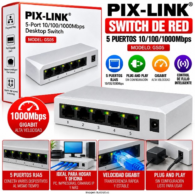 &ua SWITCH RED LAN 5 PUERTOS PIX-LINK LV-GS05 (7392)