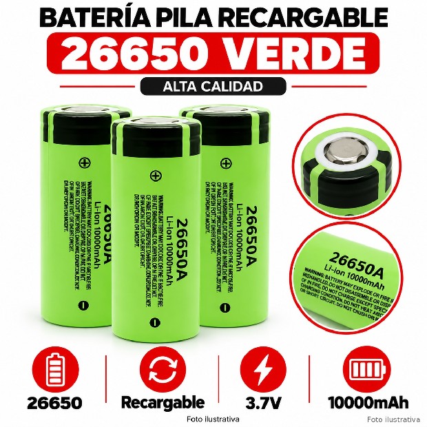 &ua BATERIA PILA RECARGABLES 26650 VERDE ALTA CALIDAD (925a)