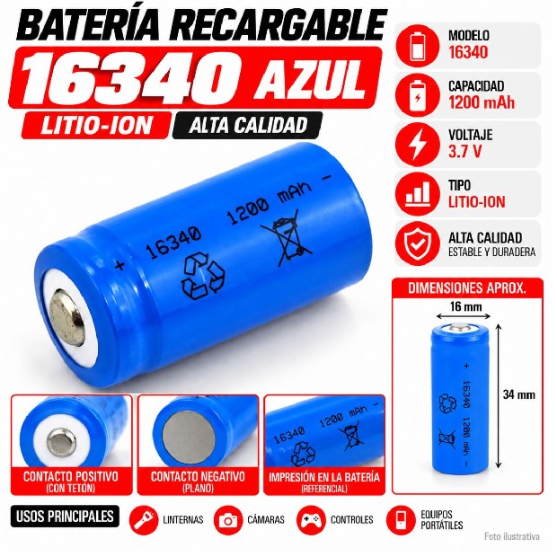 &ua BATERIA PILA RECARGABLES 16340 AZUL