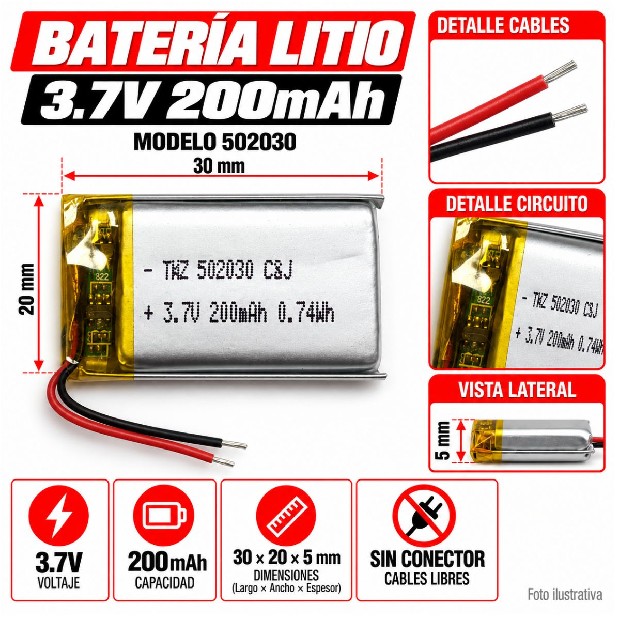 &u+ BATERIA AURICULAR DRON PARLANTE 3.7V 200MAH 502030