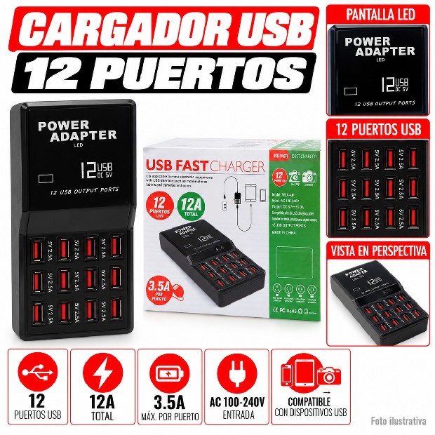 &ua CARGADOR CELULAR 3.0 12 PUERTOS (7443)