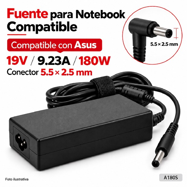 &ua FUENTE NOTEBOOK ASUS 19V/9.23A/180W 5.5*2.5MM (A180S)