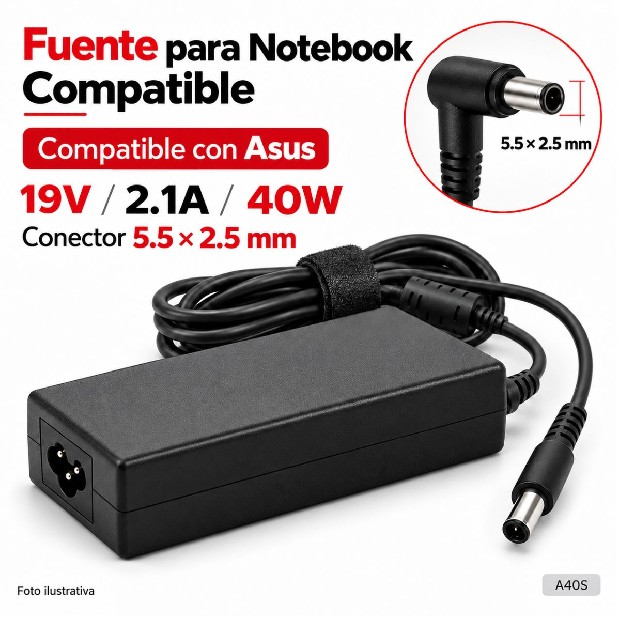 &ua FUENTE NOTEBOOK ASUS 19V/2.1A/40W 5.5*2.5MM (A40S)