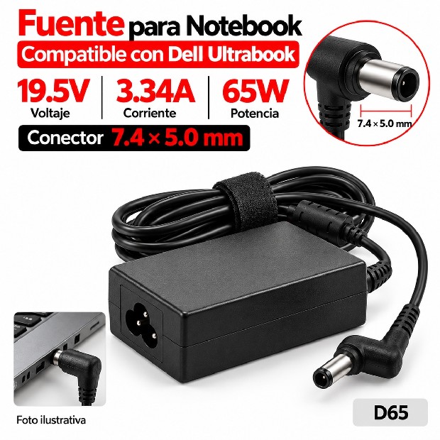 &ua FUENTE NOTEBOOK DELL ULTRABOOK 19.5V/3.34A/65W 7.4*5.0MM (D65)