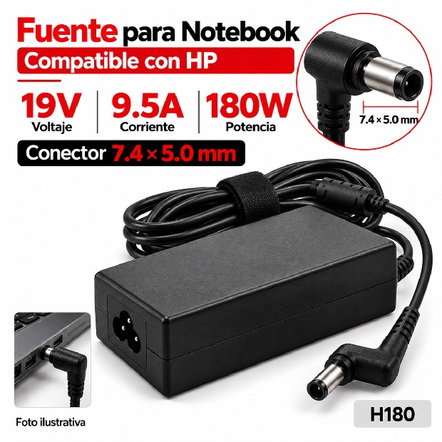 &ua FUENTE NOTEBOOK HP 19V/9.5A/180W 7.4*5.0MM (H180)