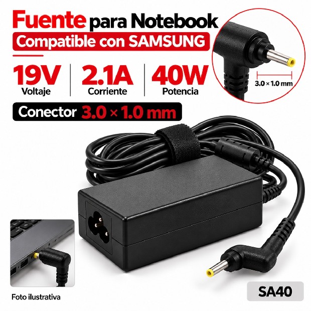 &ua FUENTE NOTEBOOK SAMSUNG 19V/2.1A/40W 3.0*1.0MM (SA40)