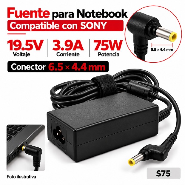 &ua FUENTE NOTEBOOK SONY 19.5V/3.9A/75W 6.5*4.4MM (S75)