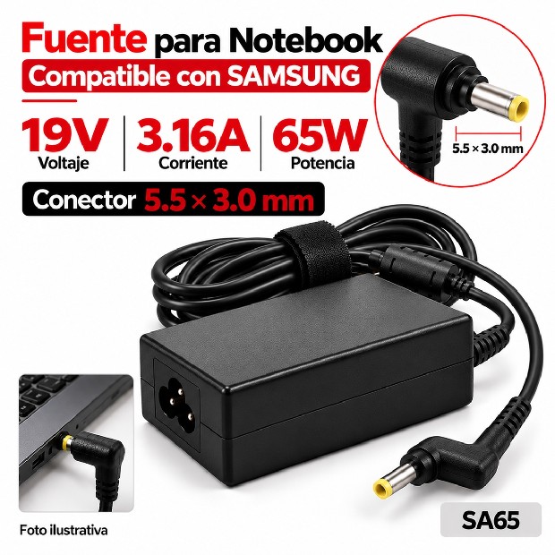 &ua FUENTE NOTEBOOK SAMSUNG 19V/3.16A/65W 5.5*3.0MM (SA65)