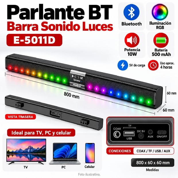 &ua PARLANTE BT BLUETOOTH BARRA SONIDO LUCES E-5011D