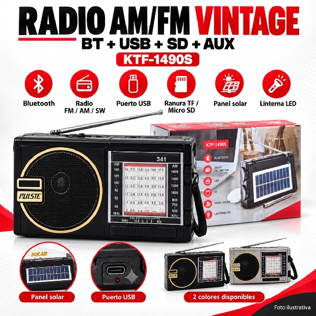&ua PARLANTE BT BLUETOOTH KTF-1490S SOLAR / AM - FM / AUX
