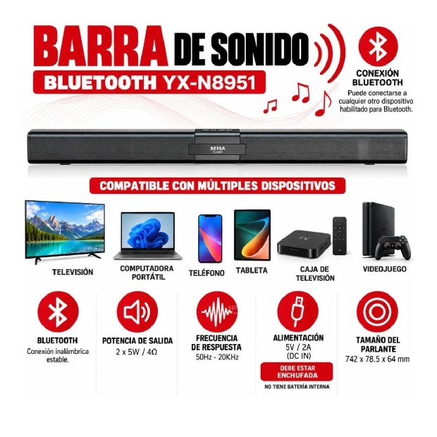 &ua PARLANTE BT BLUETOOTH BARRA SONIDO 2x10w YX-N8951